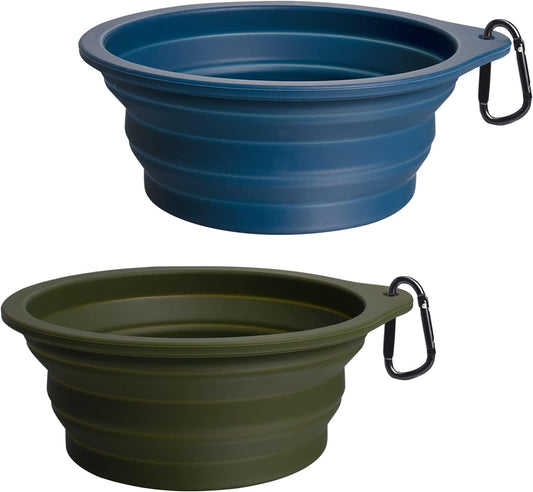 2-Pack Large Silicone Collapsible Dog Bowls, 34Oz/1000Ml BPA Free Portable Foldable Travel Bowl for Pet Cat, Food Water Feeding Dish for Camping with 2 Carabiners (Army Green, Navy Blue)